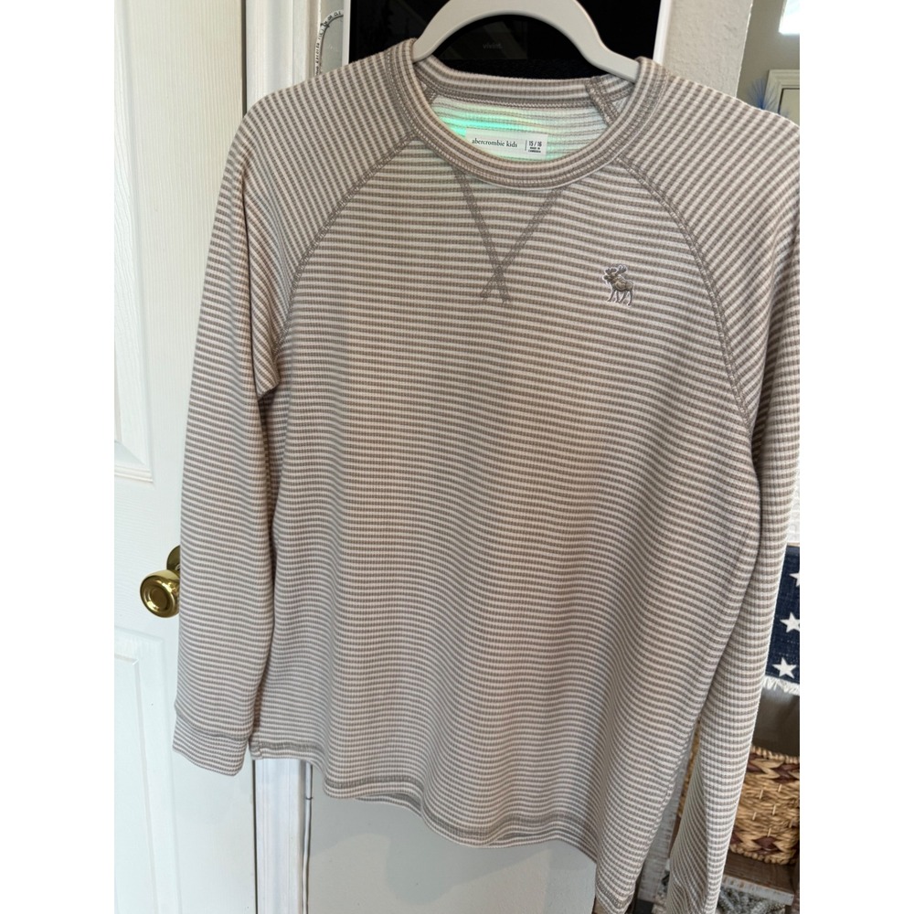 Abercrombie Kids Tan White Striped Waffle Knit Thermal Long Sleeve Shirt 15/16 - Picture 3 of 3